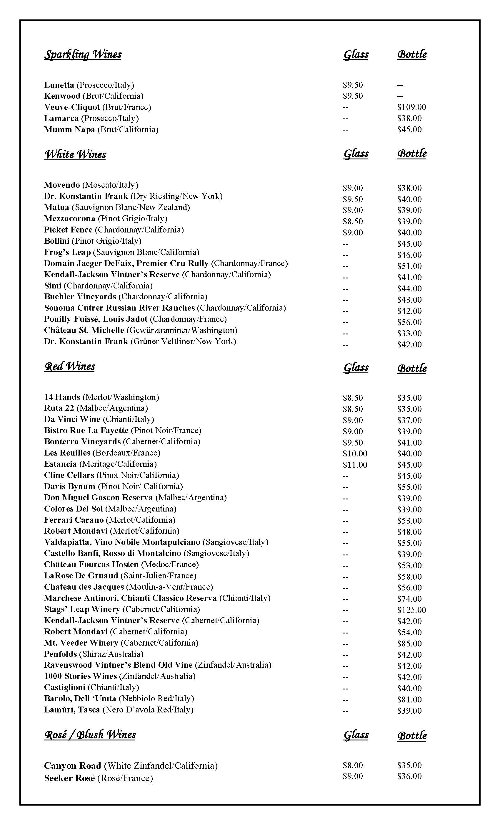 Canal Side Inn Wine List